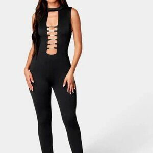 Gold Bar Detail Jumpsuit from Bebe - Black, US XS